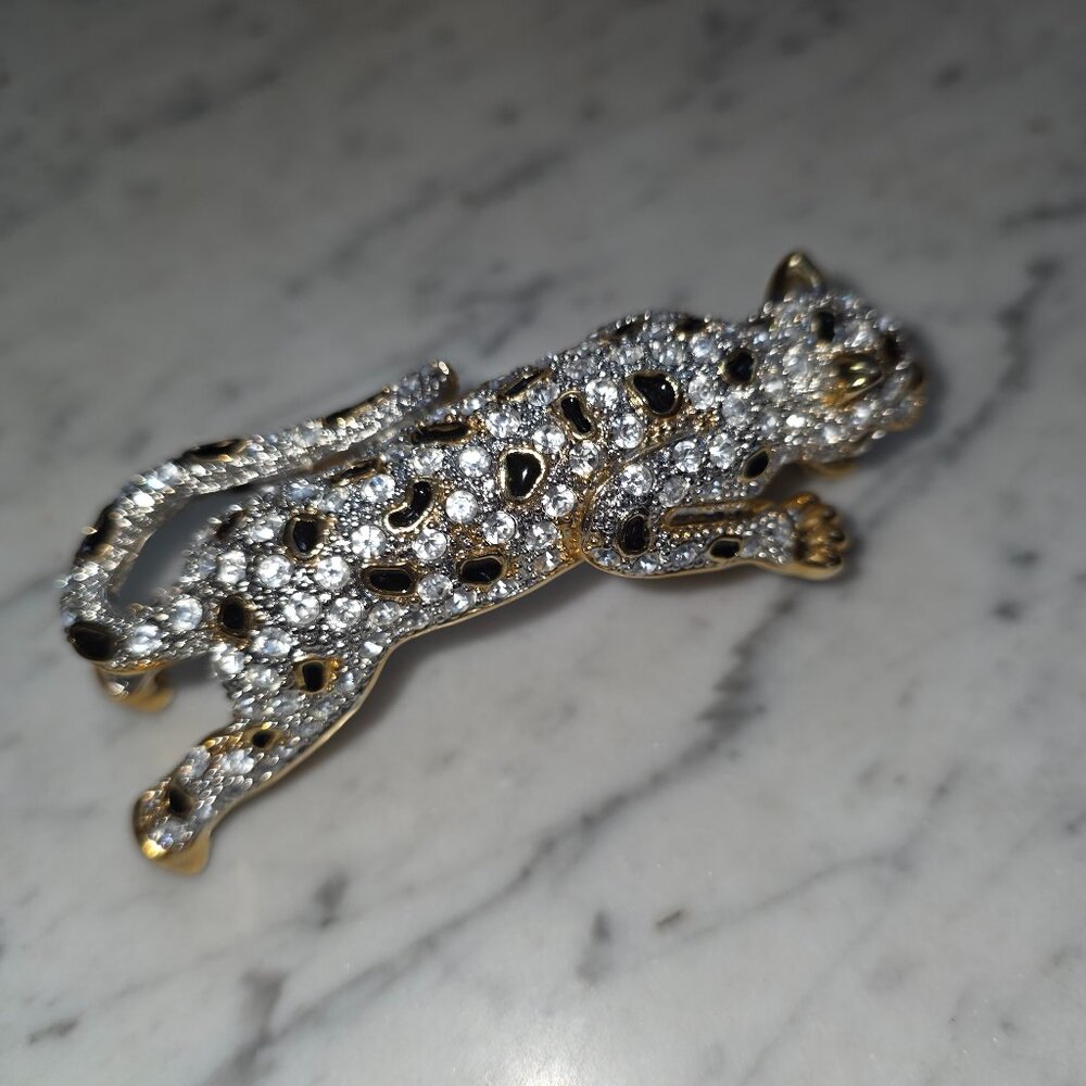 Vintage Large Rhinestone Leopard Panther Brooch Figural Animal Pin Statement
